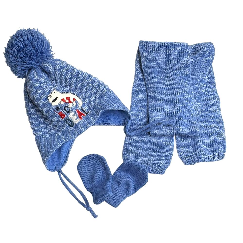 Kitti "I'm a Big Deal" Dinosaur‎ 3pc Blue Knit Scarf Hat Mittens Set 0-18 Months